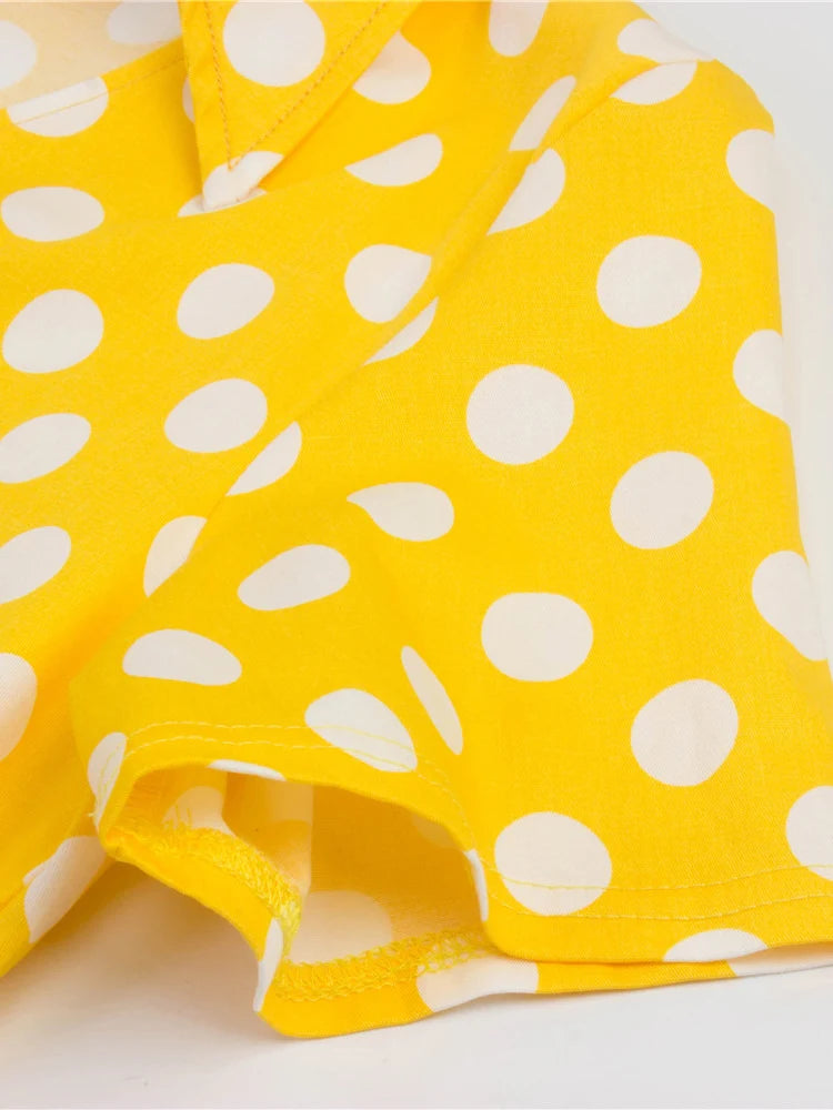 Tonval-Women's Retro Polka Dot Dress, Yellow Dress, Short Sleeve, V Neck, Belted, A Line, Summer Party, 50s Vintage Dresses