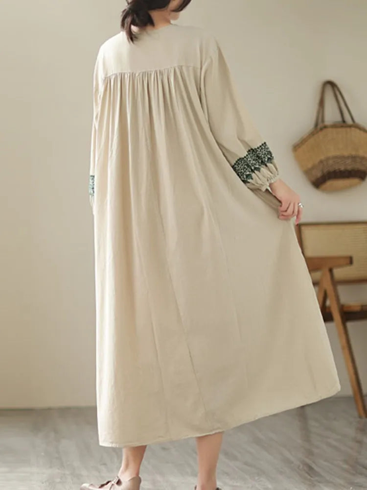 100% Cotton Long Dresses Women New Arrival 2023 Spring Vintage Style Geometric Embroidery Loose Female Casual Dress B2386