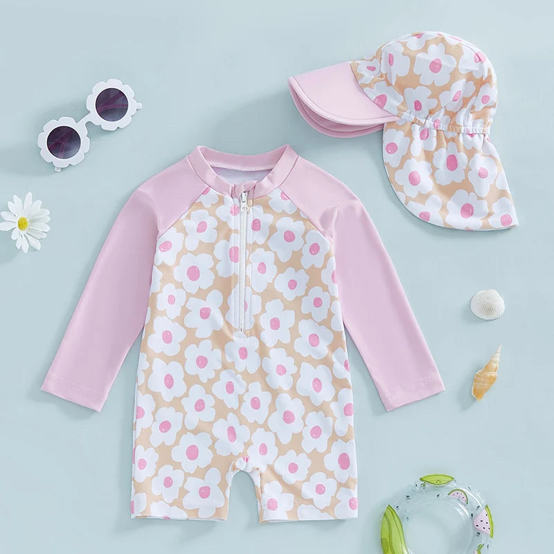 Citgeett Summer Kids Toddler Girl Long Sleeve Swimsuit Floral Flamingo Print Half Zipper Swimwear Romper Clothes