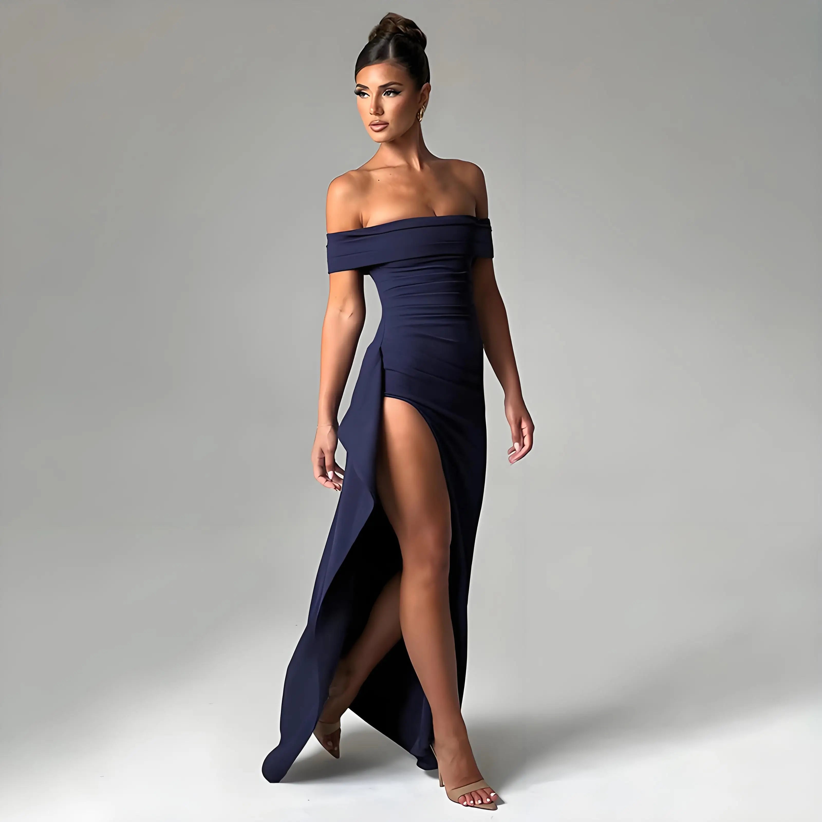 Elegant Evening Dress, Solid Color, Off-Shoulder, Women's Sexy High-Waisted Side-Slit Long Dress, Formal Maxi Ladies' Party Evening Dress