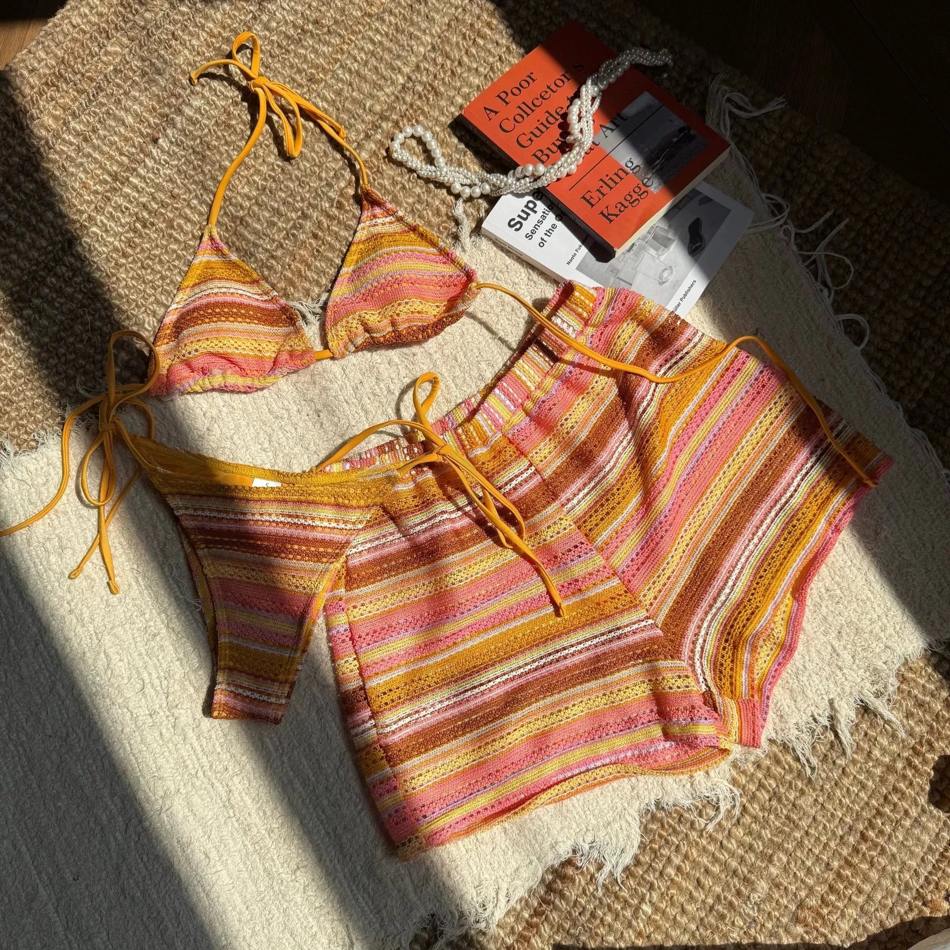 Sexy Crochet Bikini Set 2026 Women Coffee Contrast Striped High Waist Panties 3 Piece Swimsuit Bathing Suit Knitted Swimwear