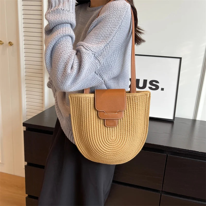 Large Capacity Beach Shopping Bag Luxury Design Woven Shoulder Bag Women Handmade Cotton Thread Woven Handbag Summer Travel Bag