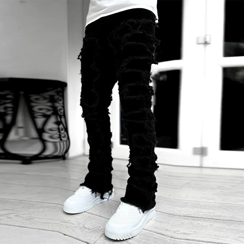 Men Jeans Ripped Vintage Tassel Wash Old Slim Stacked Patch Hip Hop Pencil Denim Man Pants 2026 Streetwear Male Long Trousers