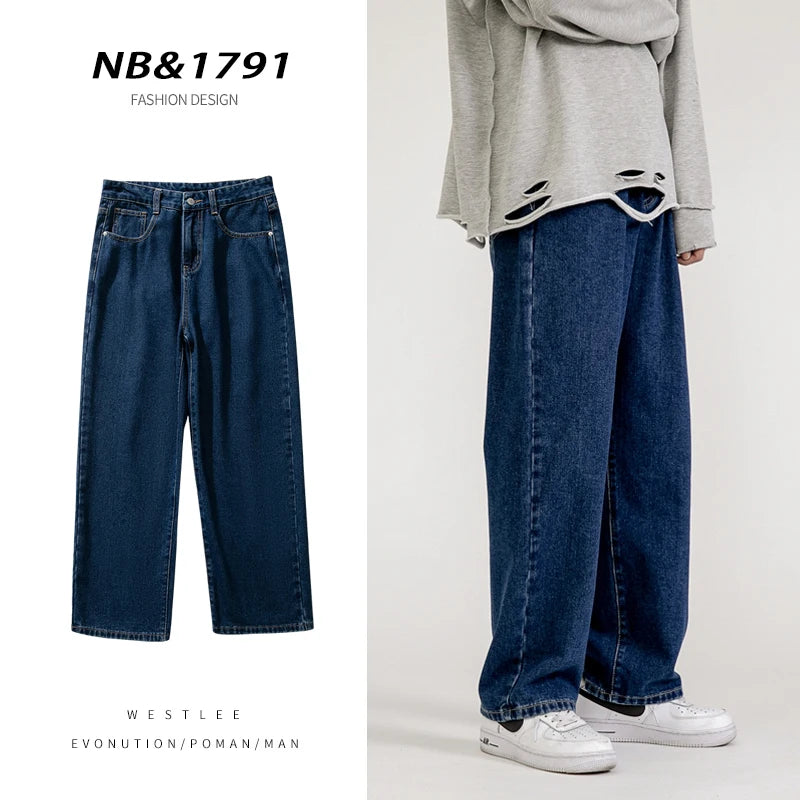 2023 New Korean Fashion Men's Baggy Jeans Classic Unisex Man Straight Denim Wide-leg Pants Hip Hop Bagy Light Blue Grey Black
