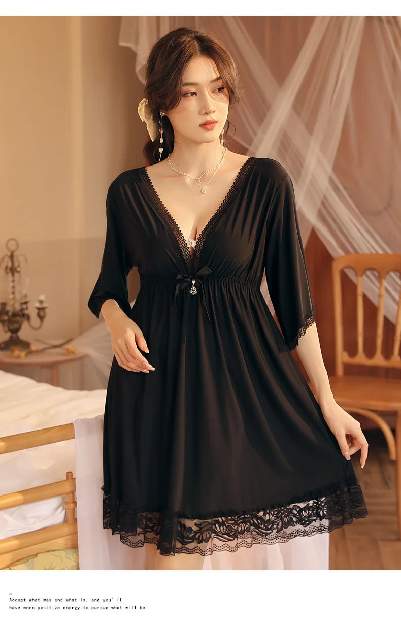 Fdfklak M-3XL Women’s Nightgowns Sexy Lace Deep V Neck Sleepshirt Mesh Short Sleeve Summer Nightdress Female Nightwear Dress