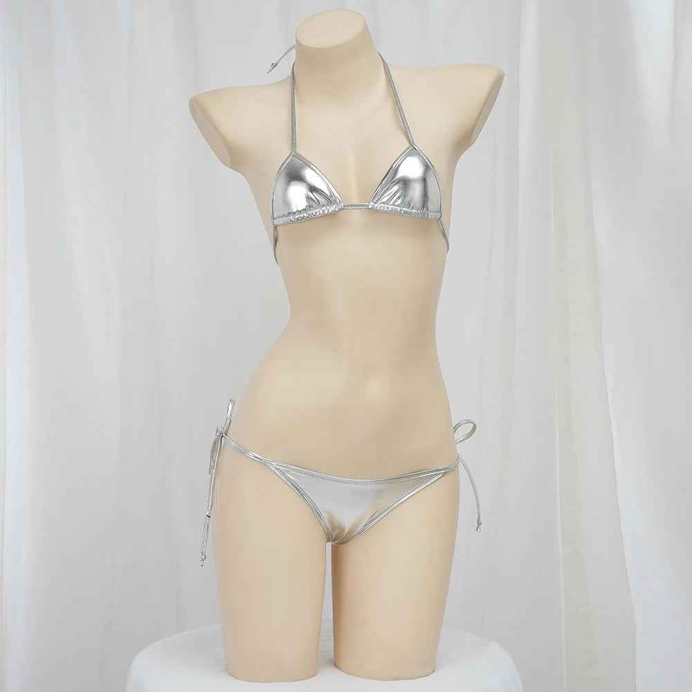 Sexy Bikini 2025 Women Gold Laser Fabric Bikini Low Waist Triangle Bikinis Sets Bandage Lingerie Swimsuit Swimwear Underwear