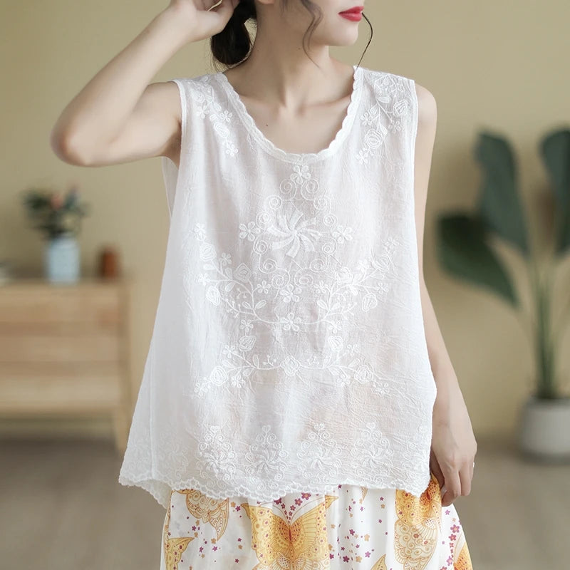 Loose Fit Embroidered Cotton Linen Svel Top Thin Sle Women's Tank Top Vest Brand New Goods Tailored for Summer