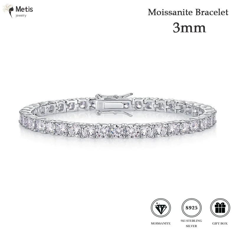 Moissanite Tennis Bracelet for Women 18K White Gold Plated Silver 3mm D Color VVS1 Wedding Party Jewelry Bracelets for Women Man