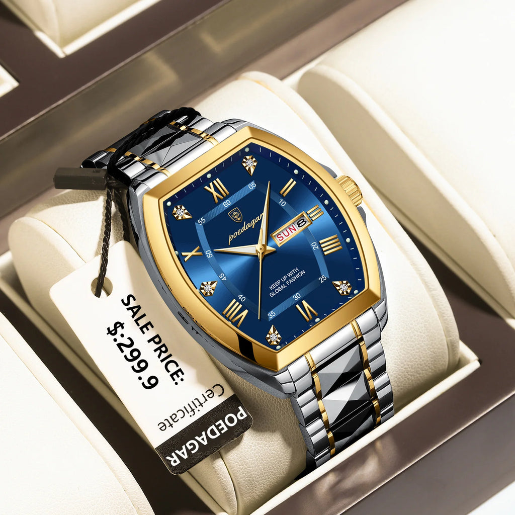 POEDAGAR Luxury Tonneau Men Watch Luminous Waterproof Date Week Man Watch Stainless Steel Fashion Original Men's Quartz Watches