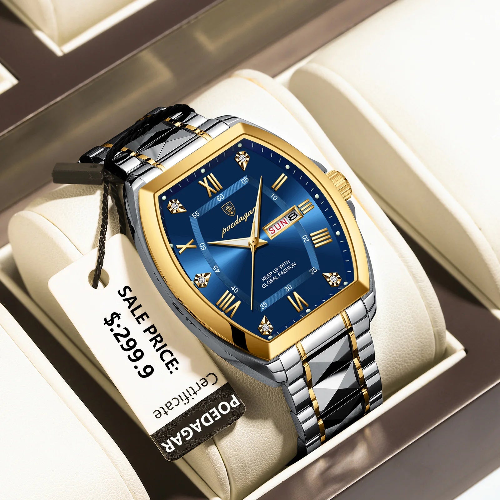 POEDAGAR Luxury Tonneau Men Watch Luminous Waterproof Date Week Man Watch Stainless Steel Fashion Original Men's Quartz Watches