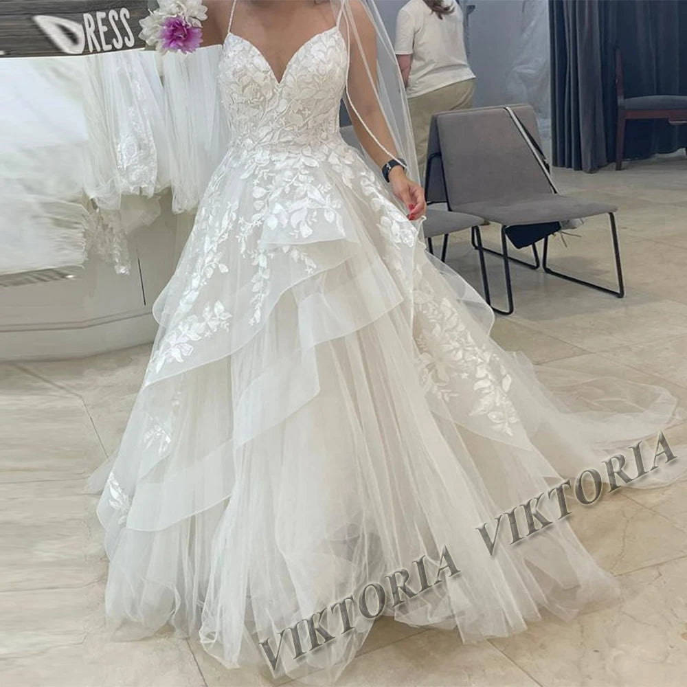 VIKTORIA Fashion Aline Wedding Dresses V-neck Custom-Made Court Train Appliques Sleeveless Robe De Mariée Engagement Plus