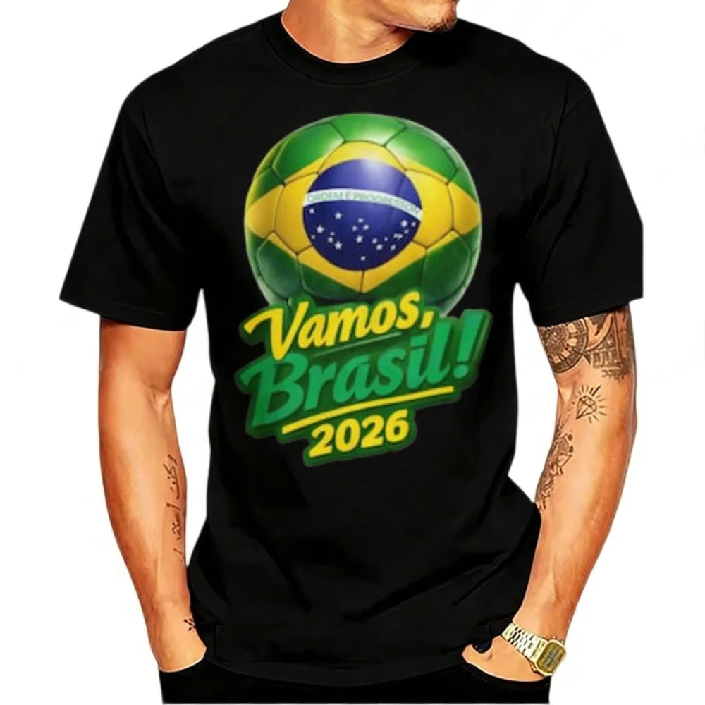 Go Brazil 2026 T-shirt with Brazilian Flag Graphic Football Gift for National Team Fans for Men Casual Soft Cotton T-Shirts