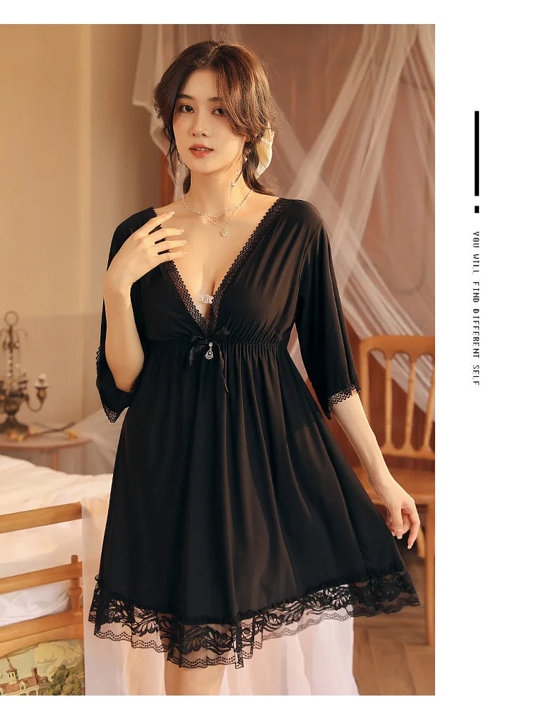 Fdfklak M-3XL Women’s Nightgowns Sexy Lace Deep V Neck Sleepshirt Mesh Short Sleeve Summer Nightdress Female Nightwear Dress