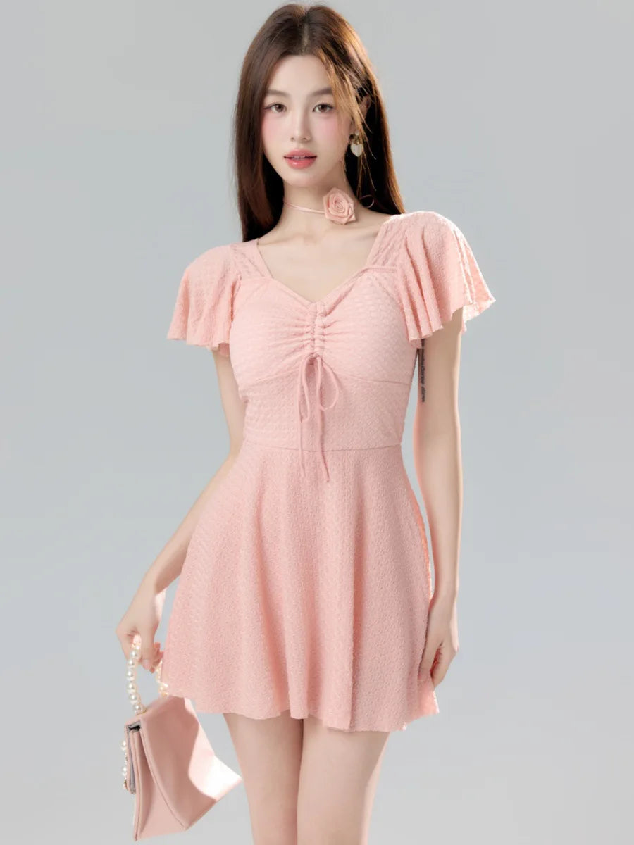 2025 New Pink Pure Desire Swimsuit Women Gathered and Slimmed into One-piece Swimsuit Summer Beach Play Swimsuit