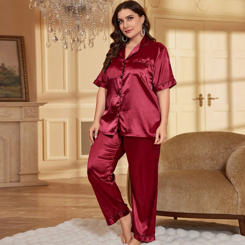 Large Size Female Pajamas Set Spring Summer Silk Satin Sleepwear Trouser Pijamas Suit Loose Casual 2 PCS Shirt&Pant Home Wear