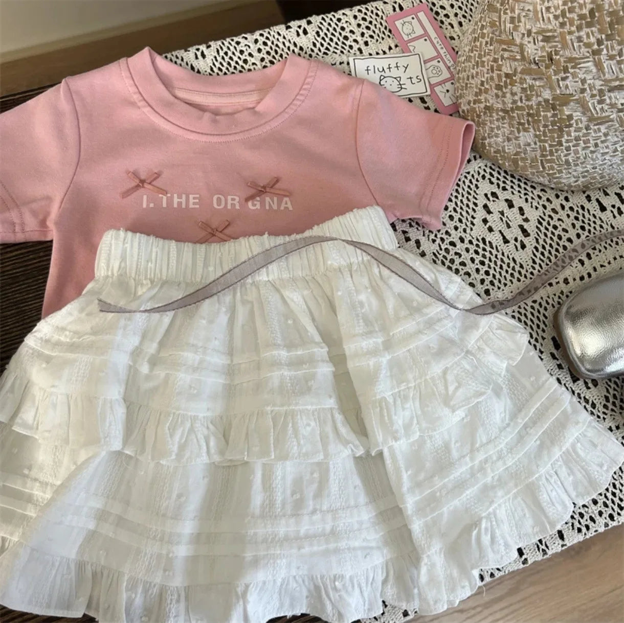 Girl's Sweet 2Pcs Set Summer Children Infants Kids Baby Ballet Princess Bow Top T-shirt+Flower Bud Skirt Suits