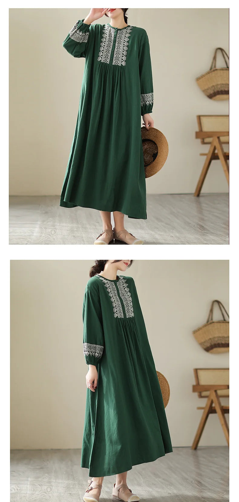 100% Cotton Long Dresses Women New Arrival 2023 Spring Vintage Style Geometric Embroidery Loose Female Casual Dress B2386