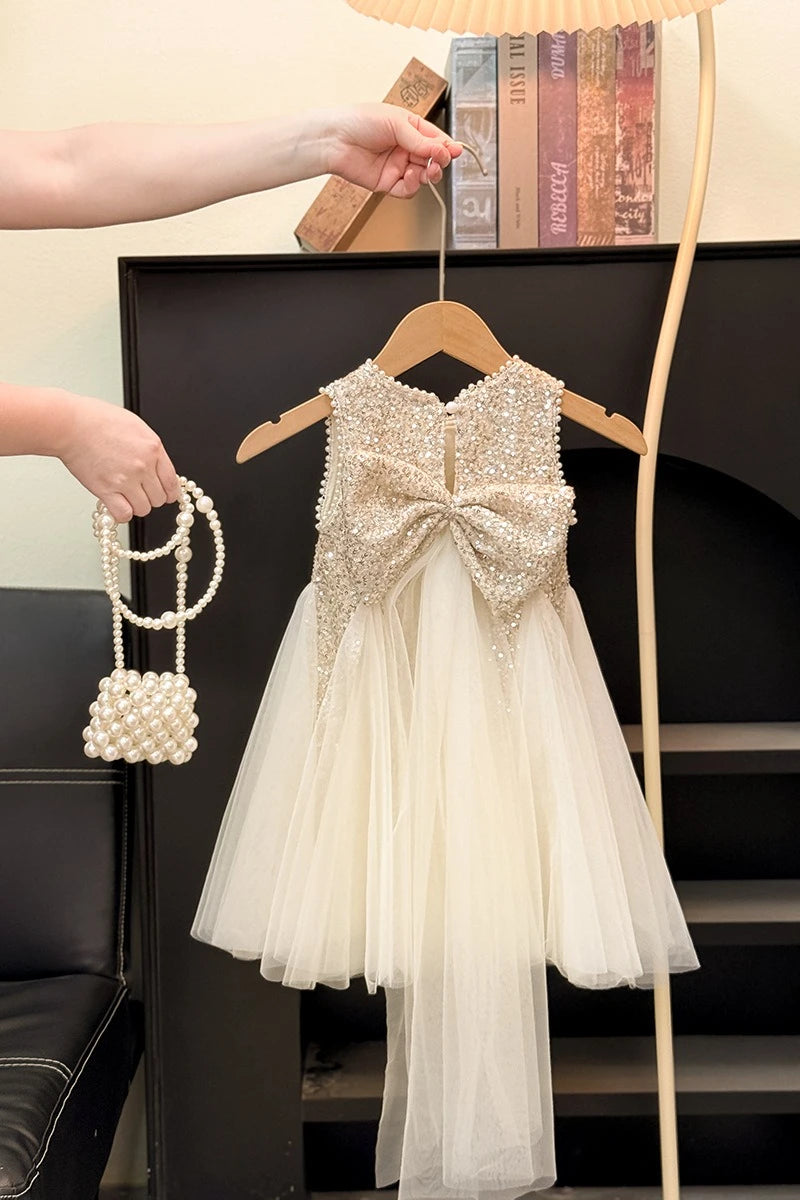 Girls Elegant Sequined Horn Skirt New Kid Party Dresses Baby Fashion Mesh Round Collar Sleeveless Skirt Western-style Vest Dress