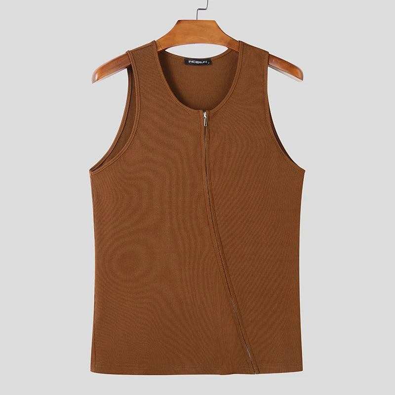 2025 Men Tank Tops Solid Color Knitted Zipper Sleeveless Male Vests Summer Streetwear Skinny Fashion Men Clothing S-3XL INCERUN