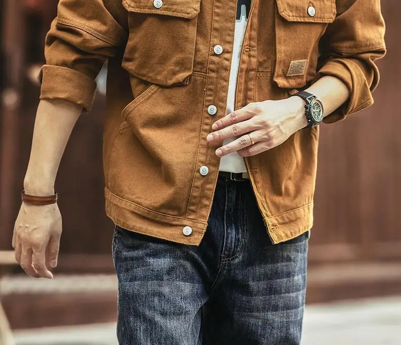 Cargo Oversize Cowboy Coat for Men Brown Cotton Denim Jackets Man Joker of Fabric Korea Japanese Retro Outwear Size L Lxury Worn