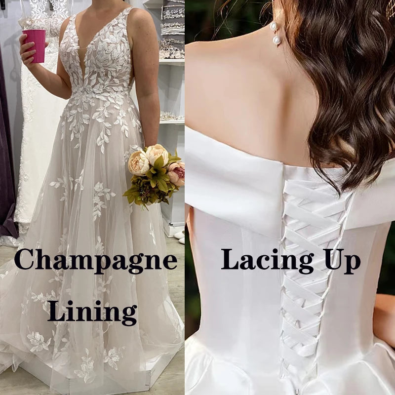 VIKTORIA Fashion Aline Wedding Dresses V-neck Custom-Made Court Train Appliques Sleeveless Robe De Mariée Engagement Plus