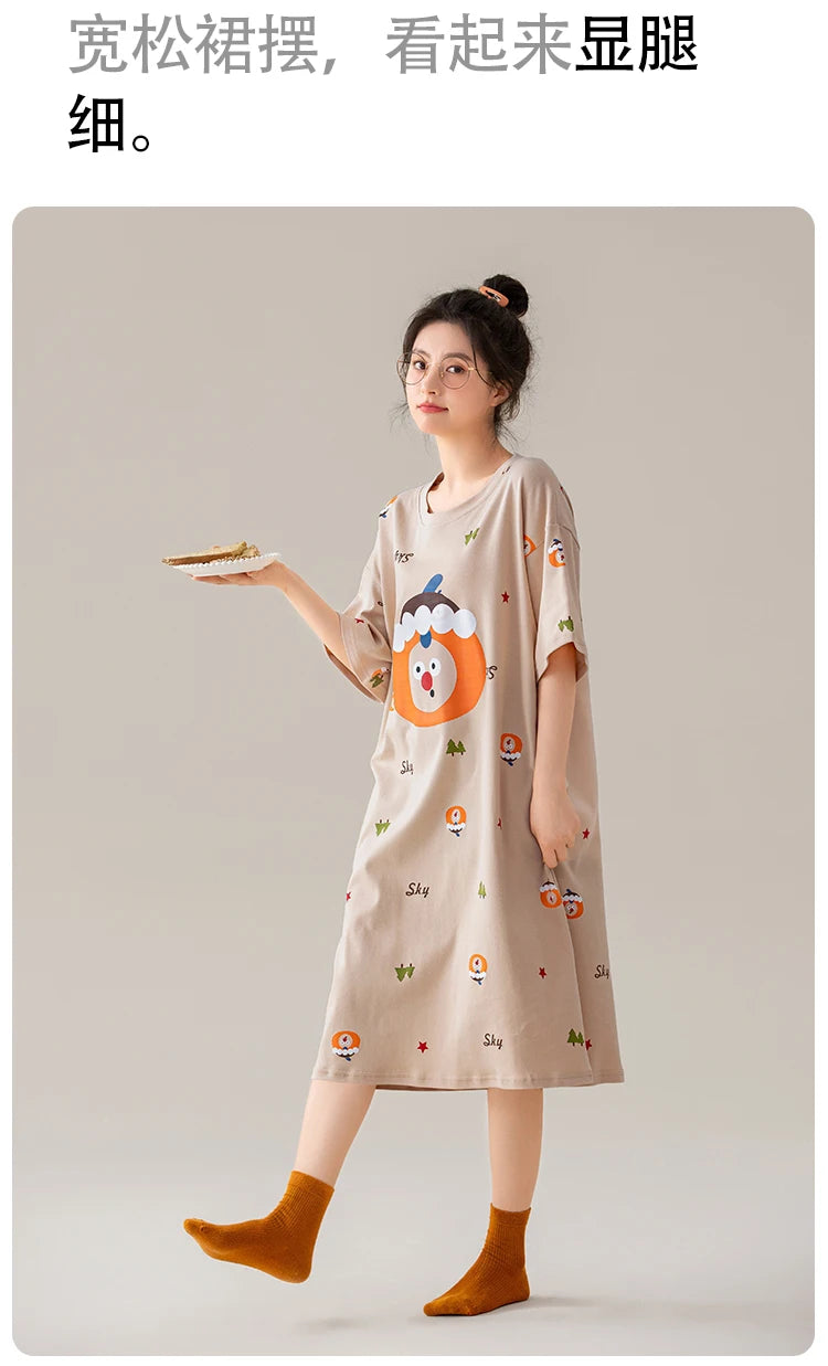 100% COTTON! SUKAE Summer New Women Lovely Sleepshirt Fashion Nightgowns Leisure Dress Casual Nightdress Short Sleeves Nightgown