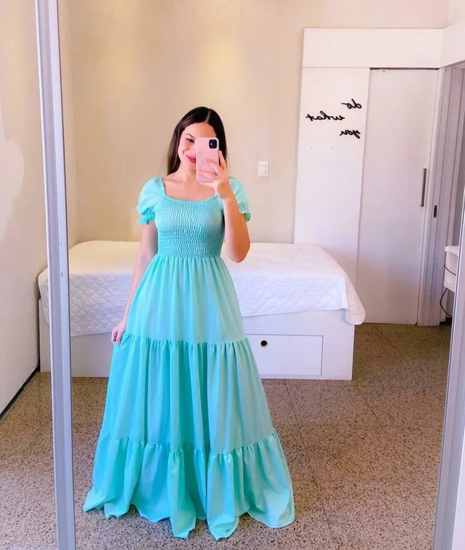 A Line Pleated Blue Princess Long Dresses Women Puff Sleeve High Waist Square Neck Maxi Dress Summer Solid Ruffles Party Dresses
