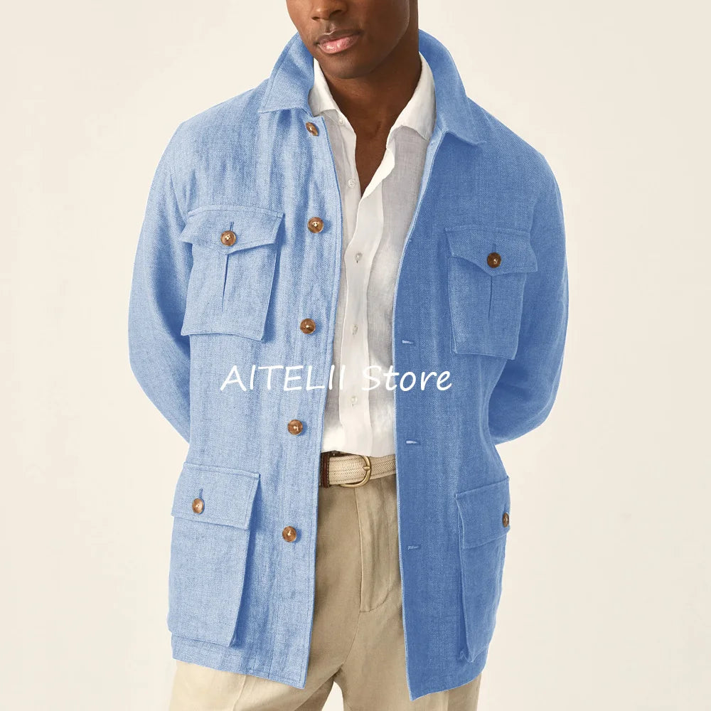 Suit Jackets Linen Elegant Sack of Man Men's Jacket Blazers for Man Lapel Suits Single-breasted Casual Clothes Four Pockets