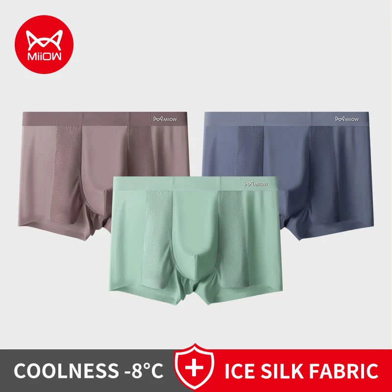 MiiOW 3Pcs Summer Ice Silk Men Boxer Underwear Seamless Mesh Breathable Men's Panties Cotton Crotch Man Underpants Man Boxers