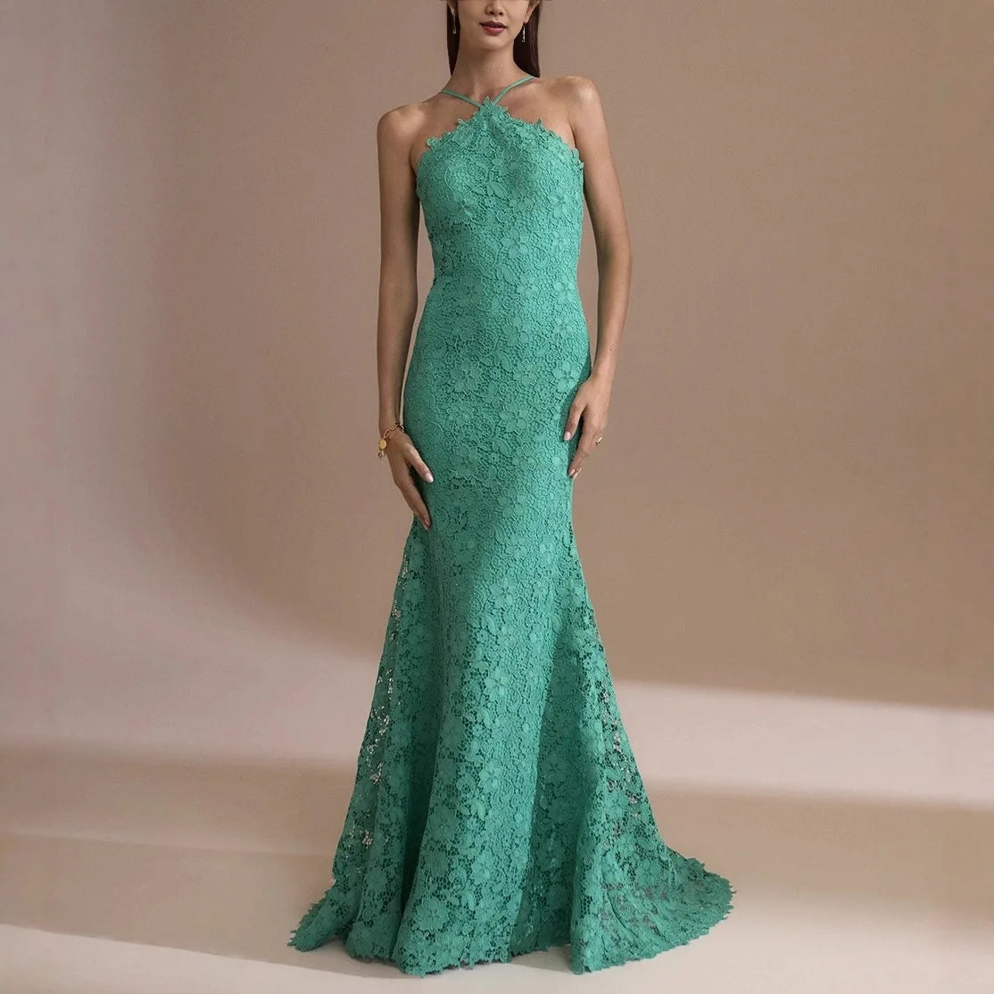Fashion Evening Dress Dresses For Woman Party Wedding Vestidos Temperament Elegant Sexy Slim Neck Halter Backless Laces Banquet