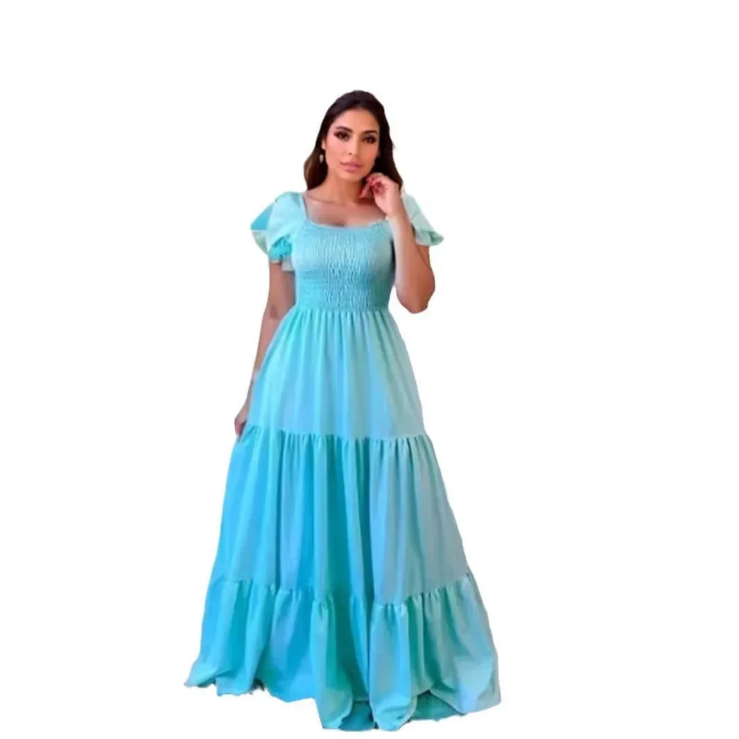 A Line Pleated Blue Princess Long Dresses Women Puff Sleeve High Waist Square Neck Maxi Dress Summer Solid Ruffles Party Dresses