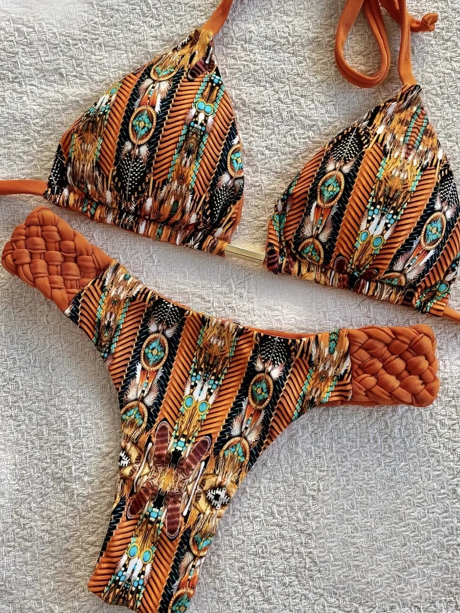 2026 New Weaving Bikini Set Women's print 2 Piece Swimsuit women sexy suspender Backless Beach Vacation Bathing Suit swimwear