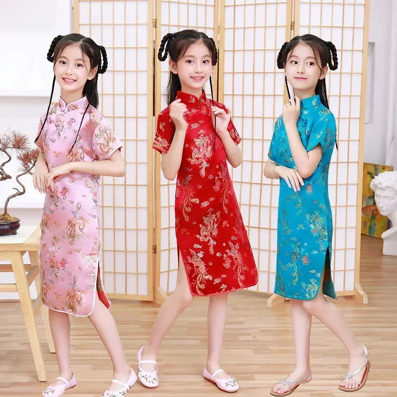Summer Modern Cheongsam Children Girls Dresses Baby Fashion Kids Clothes Chinese Style Girl Dress Vestidos Casual Qipao Costumes