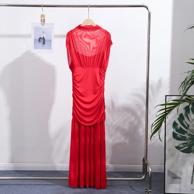 Sexy Red Pleated Mesh Long Dress Red See Through Patchwork Sleeveless A-line Party Dresses Female 2025 Summer Slim Robes Lady