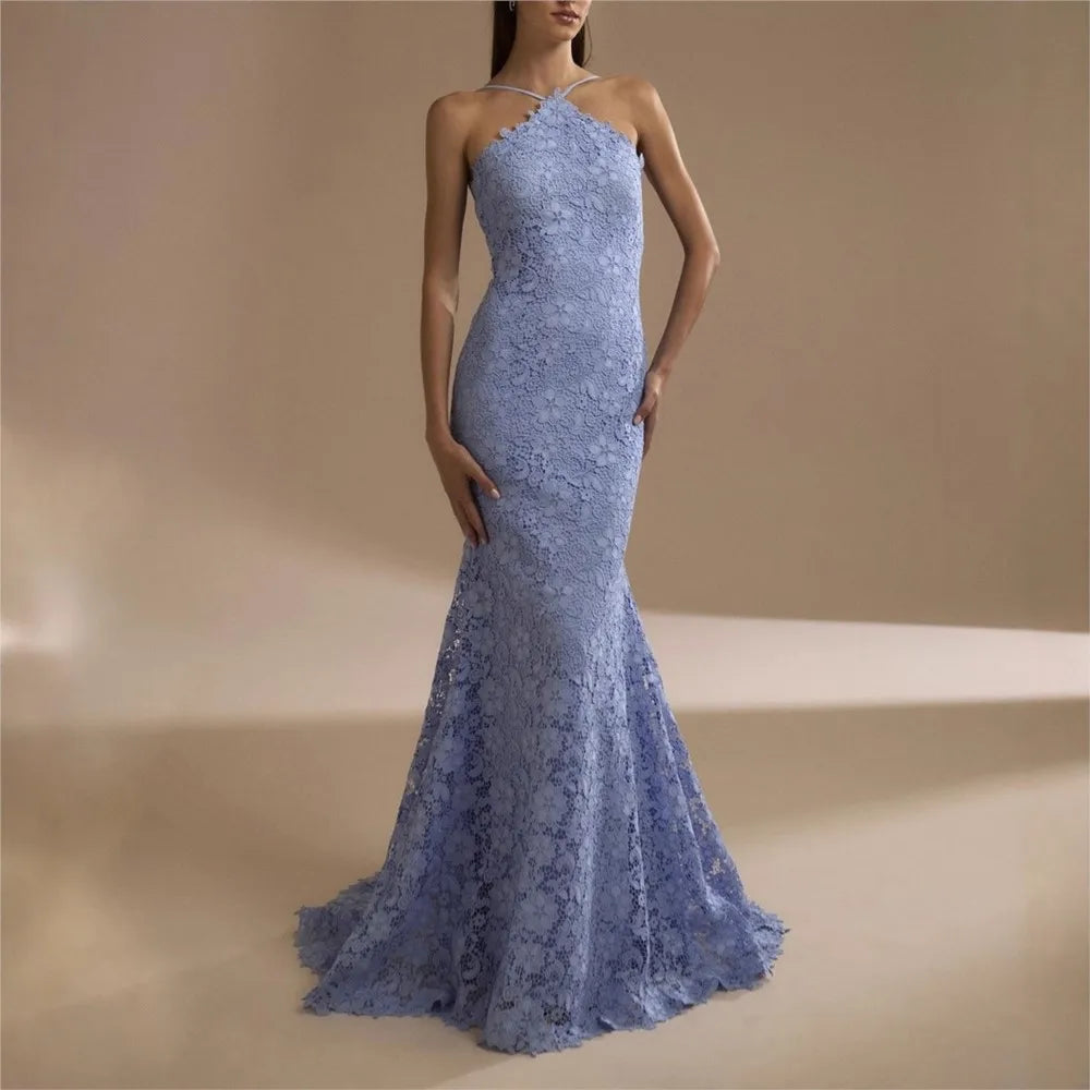 Fashion Evening Dress Dresses For Woman Party Wedding Vestidos Temperament Elegant Sexy Slim Neck Halter Backless Laces Banquet