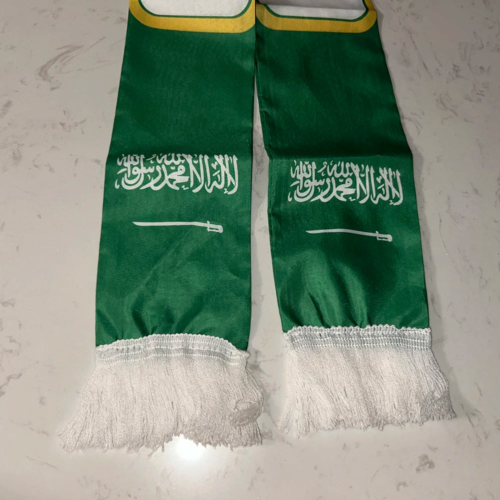 Saudi Arabia Scarf 12x135cm Double Printed Satin Saudi Arabia Flag Scarf Tassels Suitable for 2026 Football cup, Sports, Events