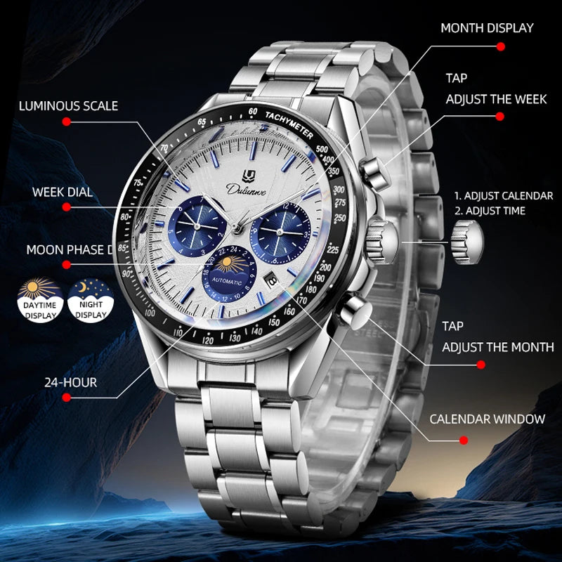 Automatic Watch for Men Stainless Steel Luminous Waterproof Moon Phase Man Watches Luxury Men's Mechanical Wristwatch