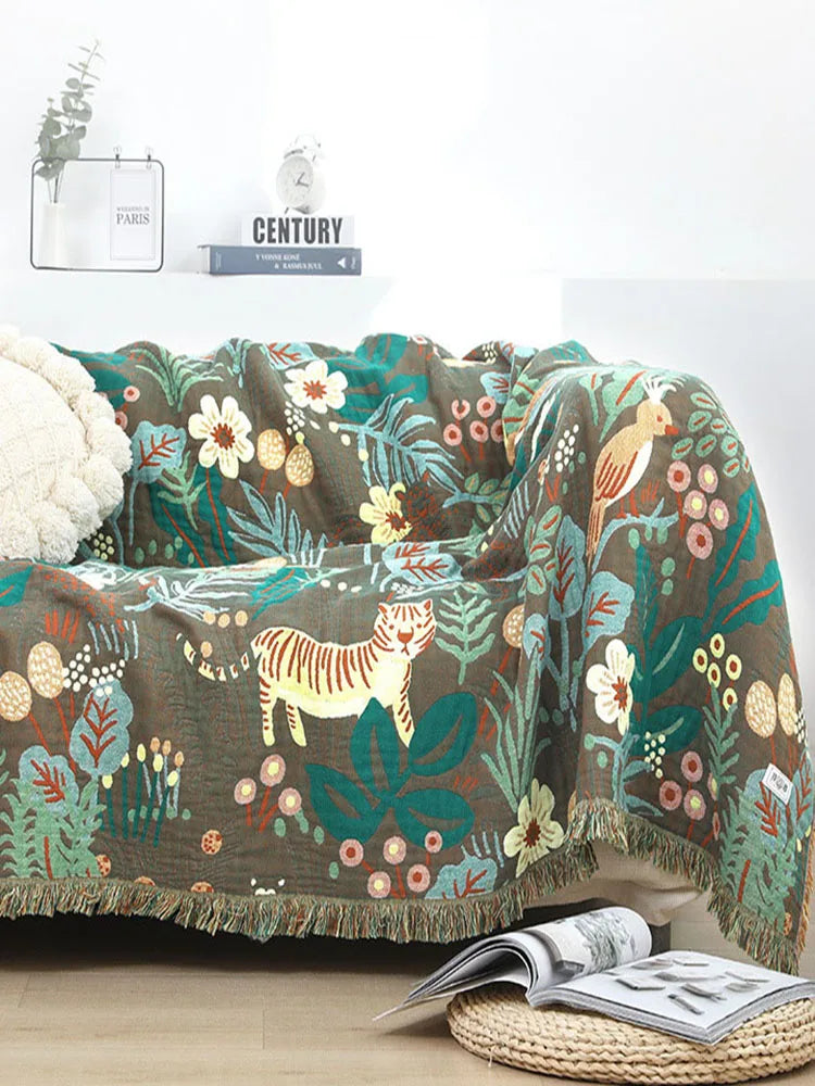 Nordic Throw Blanket Forest Animal Cartoon Sofa Towel Cotton Gauze Towel Quilt Air Conditioner Blanket 150X200cm Soft Bedspread