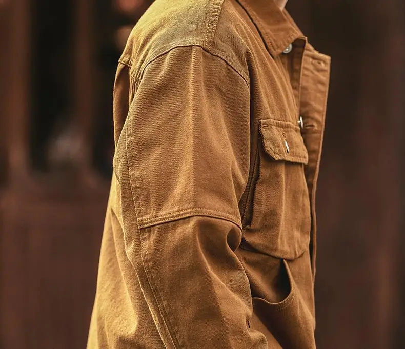 Cargo Oversize Cowboy Coat for Men Brown Cotton Denim Jackets Man Joker of Fabric Korea Japanese Retro Outwear Size L Lxury Worn