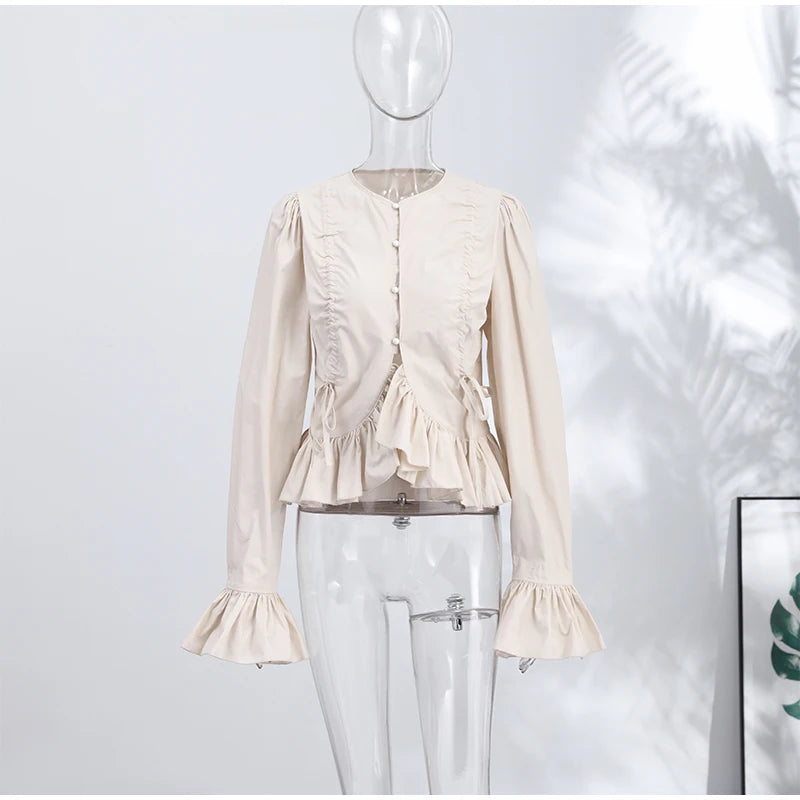 Elegant Chic Ruffle Hem Women's Shirt Flare Sleeve Single Breasted Drawstring Pleat Cropped Shirts 2026 Spring Summer Lady Top