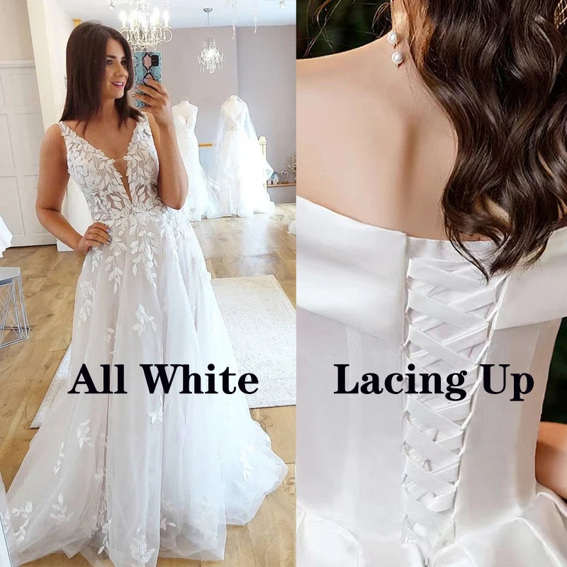 VIKTORIA Fashion Aline Wedding Dresses V-neck Custom-Made Court Train Appliques Sleeveless Robe De Mariée Engagement Plus