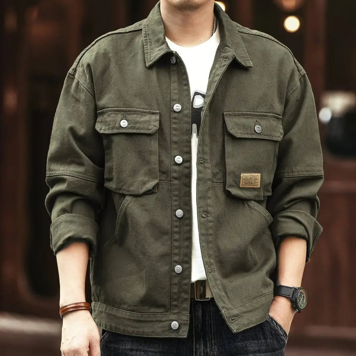 Cargo Oversize Cowboy Coat for Men Brown Cotton Denim Jackets Man Joker of Fabric Korea Japanese Retro Outwear Size L Lxury Worn