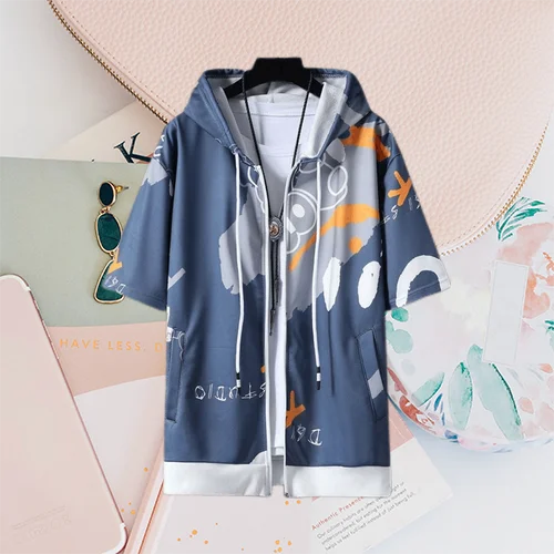 2023 Men's Summer Fashion Cartoon Print Short Sleeve Zipper Sweatshirts Youth Man Y2K Streetwear Casual Pockets Hoodies Jackets