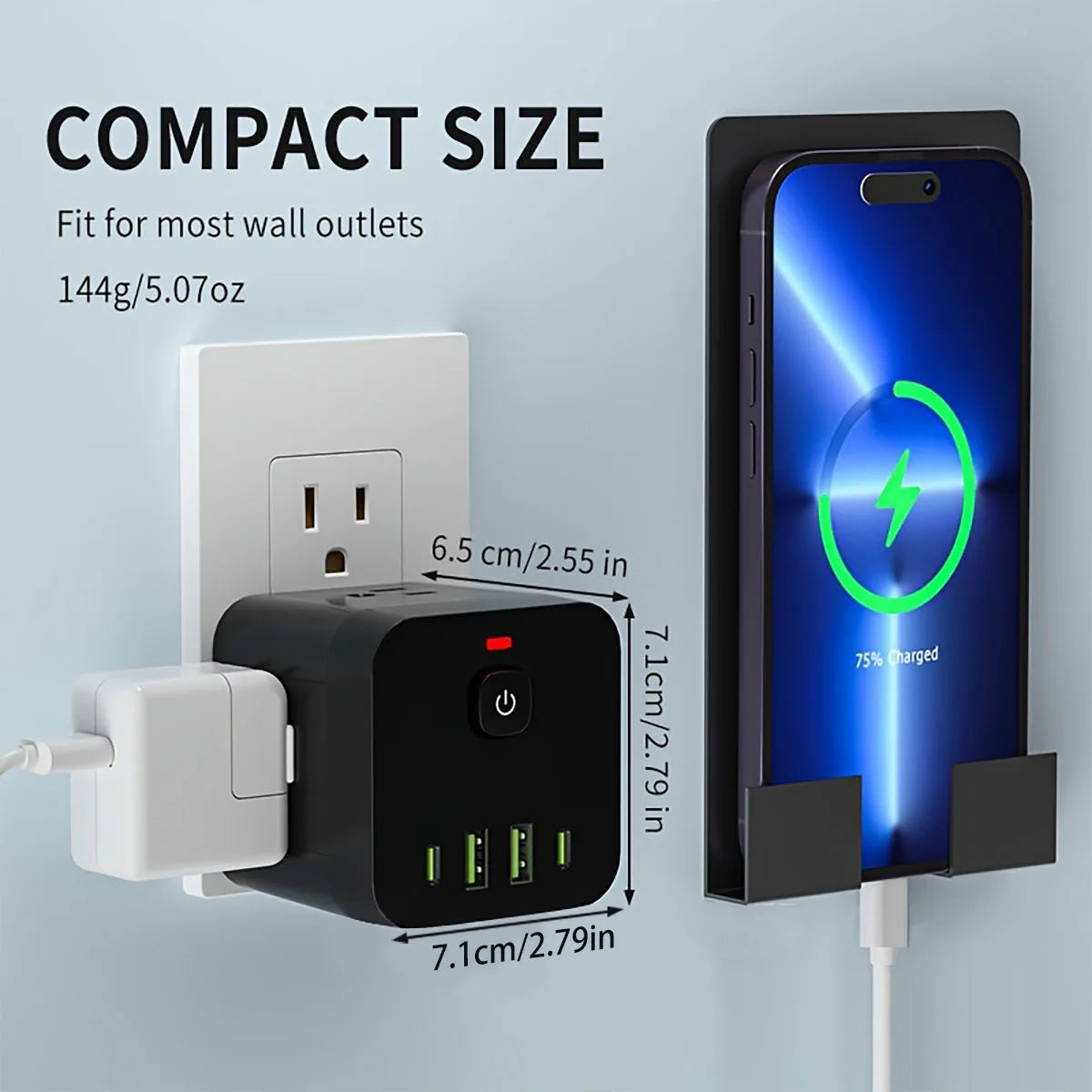 8-in-1 Power Strip US Electrical Plug Socket Extension Cord 4AC Outlets 2USB 2PD Type C Ports Charger Adapter for Home Office