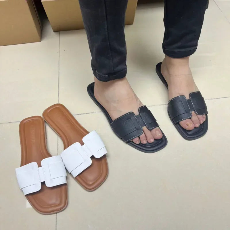 Causal Flat Woman's Slippers Peep Toe Outside Street Female Beach Shoes 2025 Summer Soft Leather Brand Design Ladies Slides