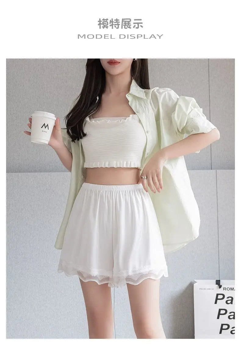 Ice Silk Safety Shorts for Women Anti-Pantyline Seamless Invisible Underwear Summer Thin Breathable Lace Lined Panties Home Wear