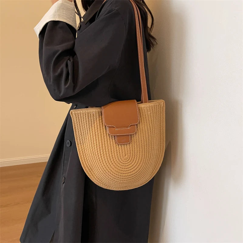 Large Capacity Beach Shopping Bag Luxury Design Woven Shoulder Bag Women Handmade Cotton Thread Woven Handbag Summer Travel Bag