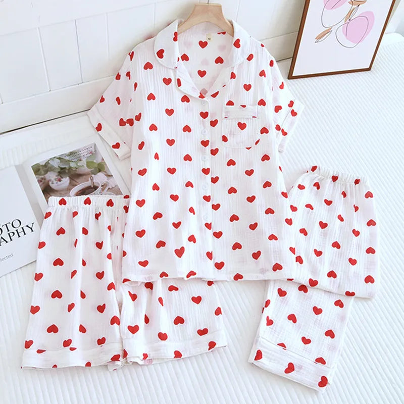 100% Cotton Pajamas Women 3Pcs Set Lounge Sleepwear Suit Spring Summer Floral Print Home Clothes Short Sleeve Sleeping Pijama