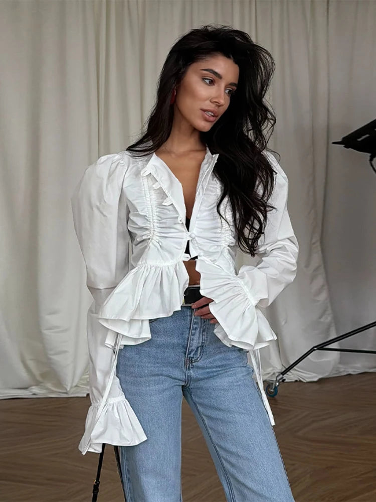 Elegant Chic Ruffle Hem Women's Shirt Flare Sleeve Single Breasted Drawstring Pleat Cropped Shirts 2026 Spring Summer Lady Top