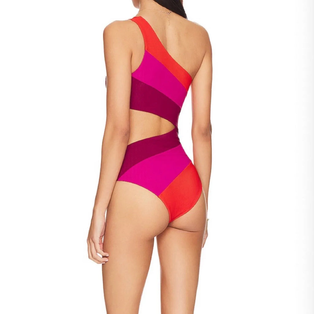Cikini One-Piece Swimsuit With Colorblock Hollow-Out One Shoulder Neckline Summer Beach Swimwear Bathing Suit For Women